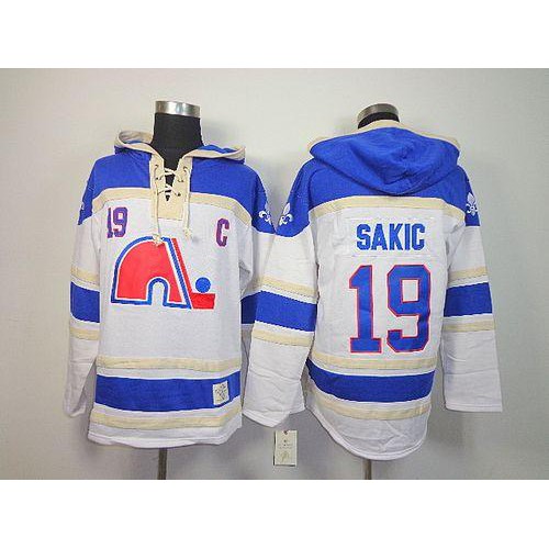 Quebec Nordiques #19 Joe Sakic White Sawyer Hooded Sweatshirt Stitched Jersey Men's