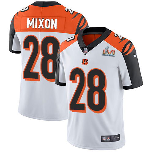 Bengals #28 Joe Mixon White Super Bowl LVI Patch Men's Stitched Vapor Untouchable Limited Jersey
