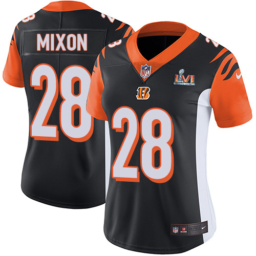 Bengals #28 Joe Mixon Black Team Color Super Bowl LVI Patch Women's Stitched Vapor Untouchable Limited Jersey