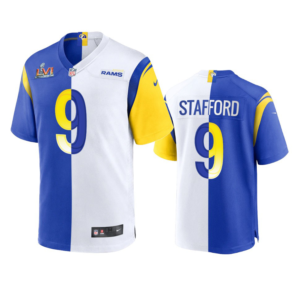 Los Angeles Rams #9 Matthew Stafford Men's Super Bowl LVI Patch Royal White Split Game Limited Jersey