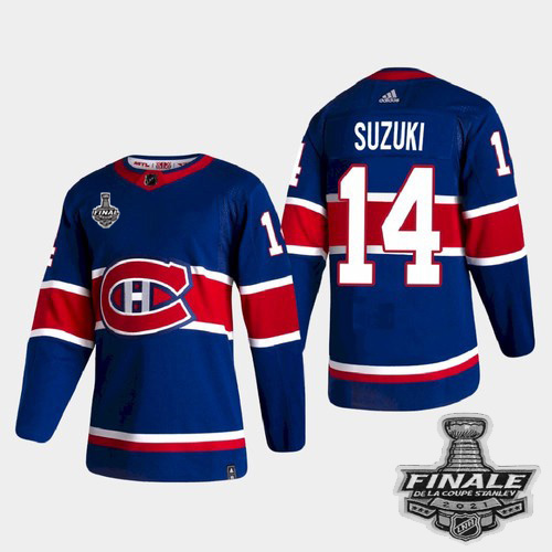 Adidas Montreal Canadiens #14 Nick Suzuki Blue Road Authentic 2021 Stanley Cup Final Patch Jersey Men's