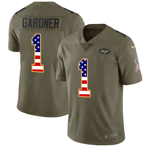 Jets #1 Ahmad Sauce Gardner Olive/USA Flag Men's Stitched Limited 2017 Salute To Service Jersey