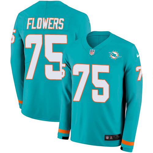 Miami Dolphins #75 Ereck Flowers Aqua Green Team Color Men's Stitched Limited Therma Long Sleeve Jersey Men's