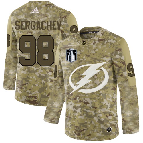 Adidas Tampa Bay Lightning #98 Mikhail Sergachev Camo 2022 Stanley Cup Final Patch Authentic Stitched Jersey Men's