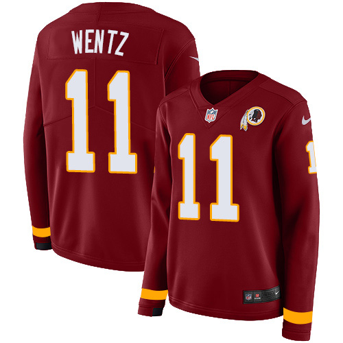 Washington Commanders #11 Carson Wentz Burgundy Red Team Color Women's Stitched Limited Therma Long Sleeve Jersey Womens