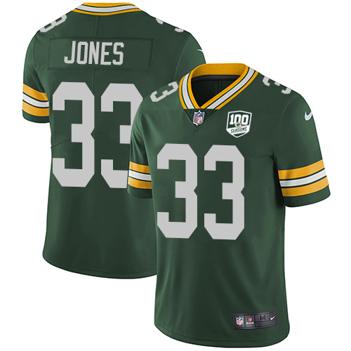 Packers #33 Aaron Jones Green Team Color Men's 100th Season Stitched Vapor Untouchable Limited Jersey
