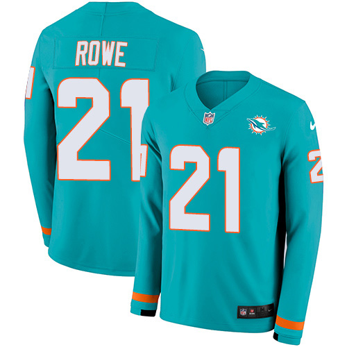 Miami Dolphins #21 Eric Rowe Aqua Green Team Color Youth Stitched Limited Therma Long Sleeve Jersey Youth