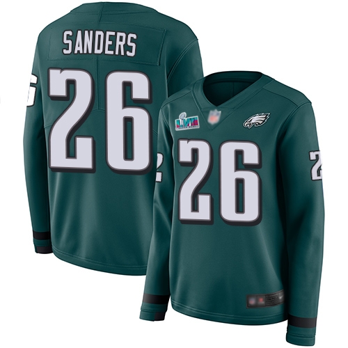 Eagles #26 Miles Sanders Green Super Bowl LVII Patch Team Color Women's Stitched Limited Therma Long Sleeve Jersey