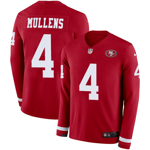 San Francisco 49ers #4 Nick Mullens Red Team Color Men's Stitched Limited Therma Long Sleeve Jersey Men's
