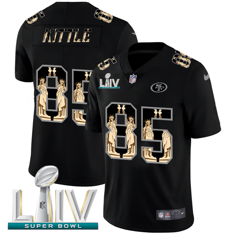 San Francisco 49ers #85 George Kittle Carbon Black Super Bowl LIV 2020 Vapor Statue Of Liberty Limited Jersey