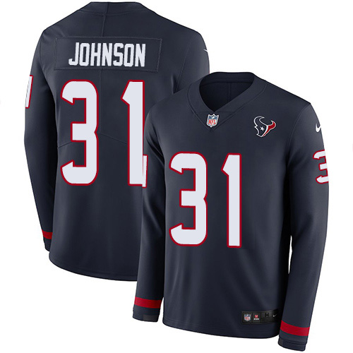 Houston Texans #31 David Johnson Navy Blue Team Color Men's Stitched Limited Therma Long Sleeve Jersey Men's