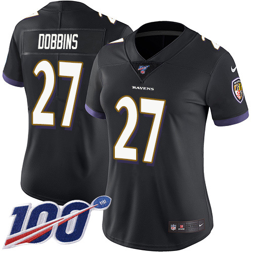 Baltimore Ravens #27 J.K. Dobbins Black Alternate Women's Stitched 100th Season Vapor Untouchable Limited Jersey Womens