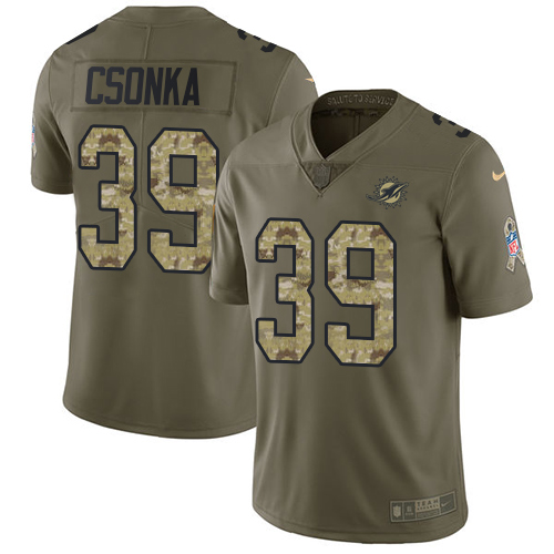 Miami Dolphins #39 Larry Csonka Olive/Camo Youth Stitched Limited 2017 Salute to Service Jersey Youth