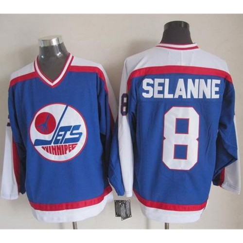 Winnipeg Jets #8 Teemu Selanne Blue/White CCM Throwback Stitched Jersey Men's