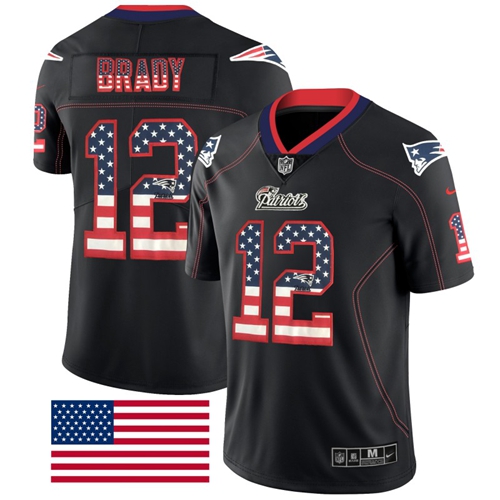 Patriots #12 Tom Brady Black Men's Stitched Limited Rush USA Flag Jersey