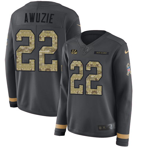 Cincinnati Bengals #22 Chidobe Awuzie Anthracite Salute to Service Women's Stitched Limited Therma Long Sleeve Jersey Womens