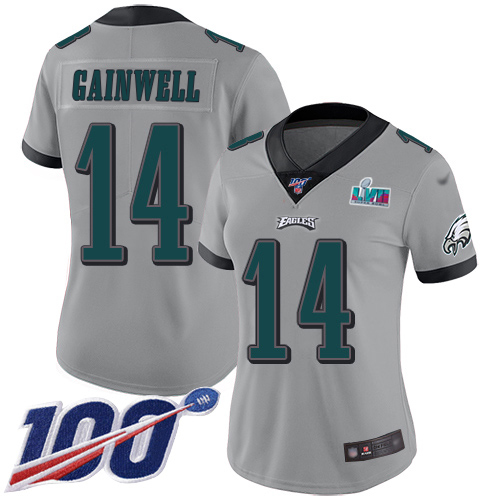 Eagles #14 Kenneth Gainwell Silver Super Bowl LVII Patch Women's Stitched Limited Inverted Legend 100th Season Jersey