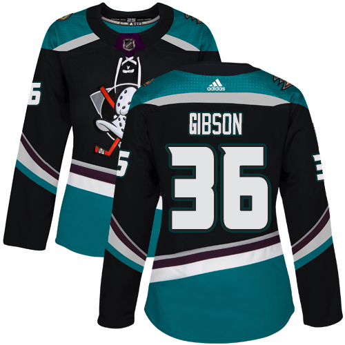 Adidas Anaheim Ducks #36 John Gibson Black/Teal Alternate Authentic Women's Stitched Jersey Womens