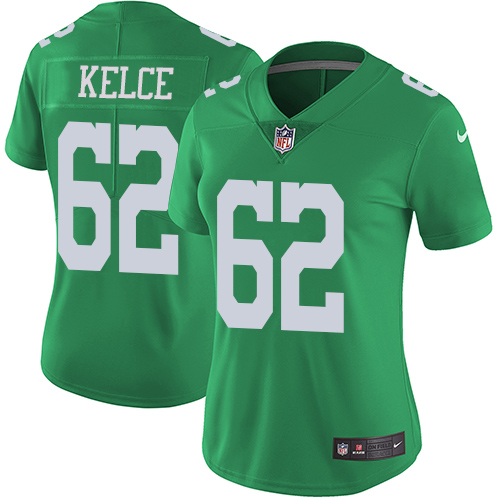 Eagles #62 Jason Kelce Green Super Bowl LVII Patch Women's Stitched Limited Rush Jersey