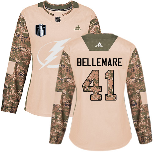 Adidas Tampa Bay Lightning #41 Pierre-Edouard Bellemare Camo Women's Authentic 2022 Stanley Cup Final Patch Veterans Day Stitched Jersey Womens