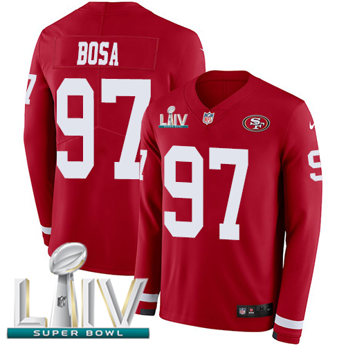 49ers #97 Nick Bosa Red Super Bowl LIV 2020 Team Color Youth Stitched Limited Therma Long Sleeve Jersey