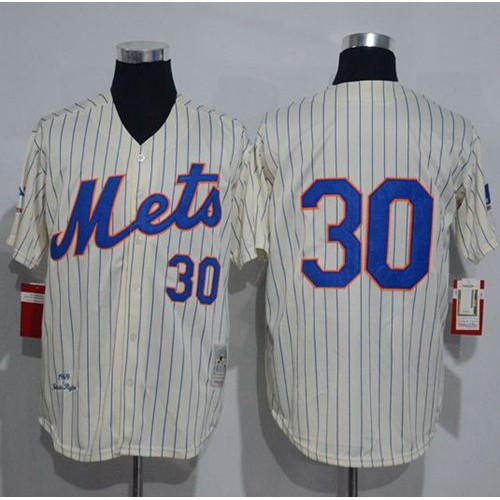 Mitchell And Ness 1969 New York Mets #30 Nolan Ryan Cream(Blue Strip) Throwback Stitched Jersey Men's