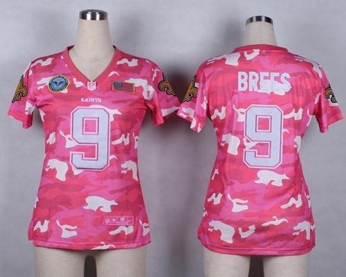 Saints #9 Drew Brees Pink Women's Stitched Elite Camo Fashion Jersey