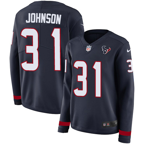 Houston Texans #31 David Johnson Navy Blue Team Color Women's Stitched Limited Therma Long Sleeve Jersey Womens