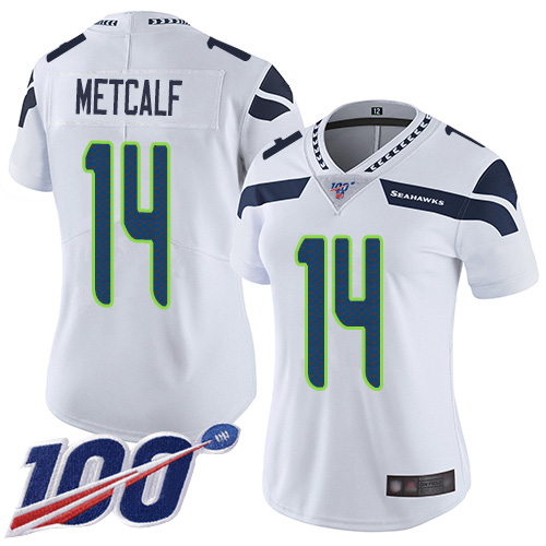 Seahawks #14 D.K. Metcalf White Women's Stitched 100th Season Vapor Limited Jersey