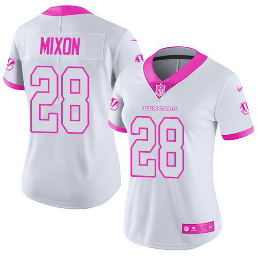 Bengals #28 Joe Mixon White/Pink Women's Stitched Limited Rush Fashion Jersey