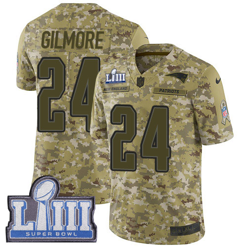 New England Patriots #24 Stephon Gilmore Camo Super Bowl LIII Bound Youth Stitched Limited 2018 Salute to Service Jersey Youth