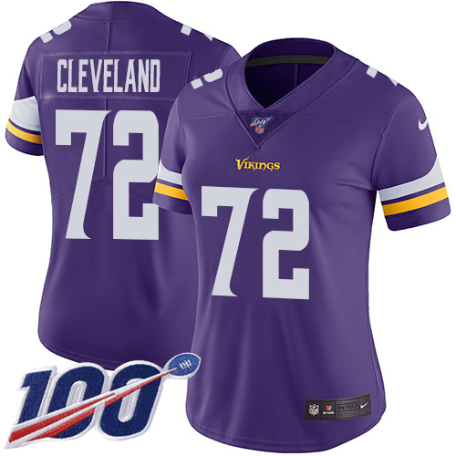 Minnesota Vikings #72 Ezra Cleveland Purple Team Color Women's Stitched 100th Season Vapor Untouchable Limited Jersey Womens