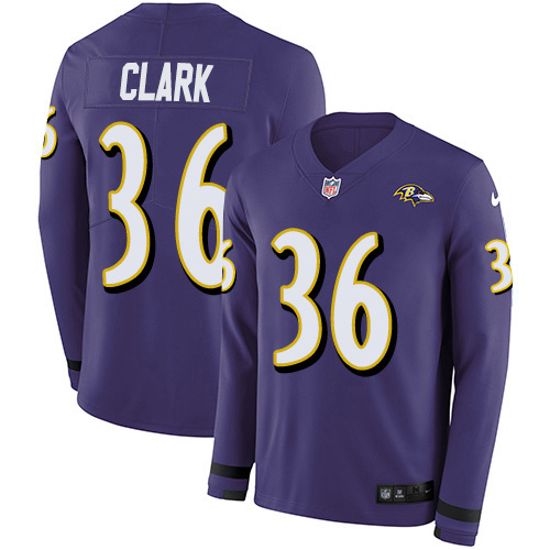 Baltimore Ravens #36 Chuck Clark Purple Team Color Youth Stitched Limited Therma Long Sleeve Jersey Youth
