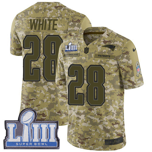 New England Patriots #28 James White Camo Super Bowl LIII Bound Men's Stitched Limited 2018 Salute To Service Jersey Men's