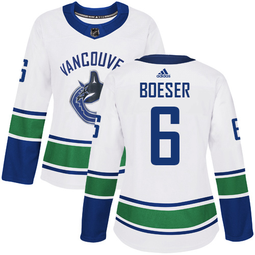 Adidas Vancouver Canucks #6 Brock Boeser White Road Authentic Women's Stitched Jersey Womens