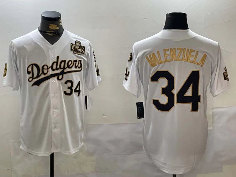 Los Angeles Dodgers #34 Toro Valenzuela White Gold 2024 World Series With Fernando Memorial Patch Limited Stitched Baseball Jersey