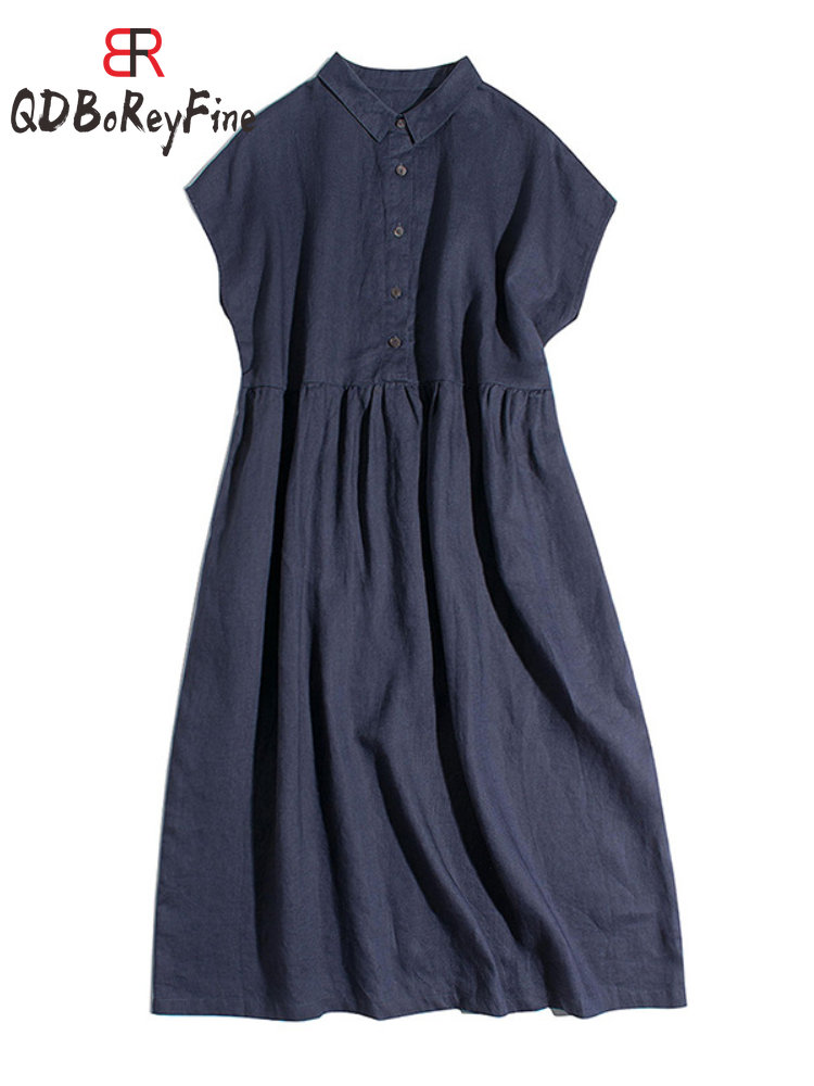 Summer Dress Women New In Cotton Linen Retro Casual Oversize Long Skirt Dress Office Ladies Loose Midi Dresses for Women