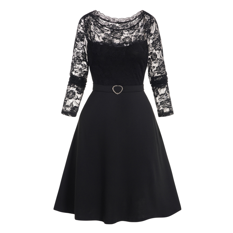 Dressfo Plus Size Dress Solid Color Rose Lace Panel Rhinestone Heart Ring Scalloped High Waisted A Line Midi Dresses