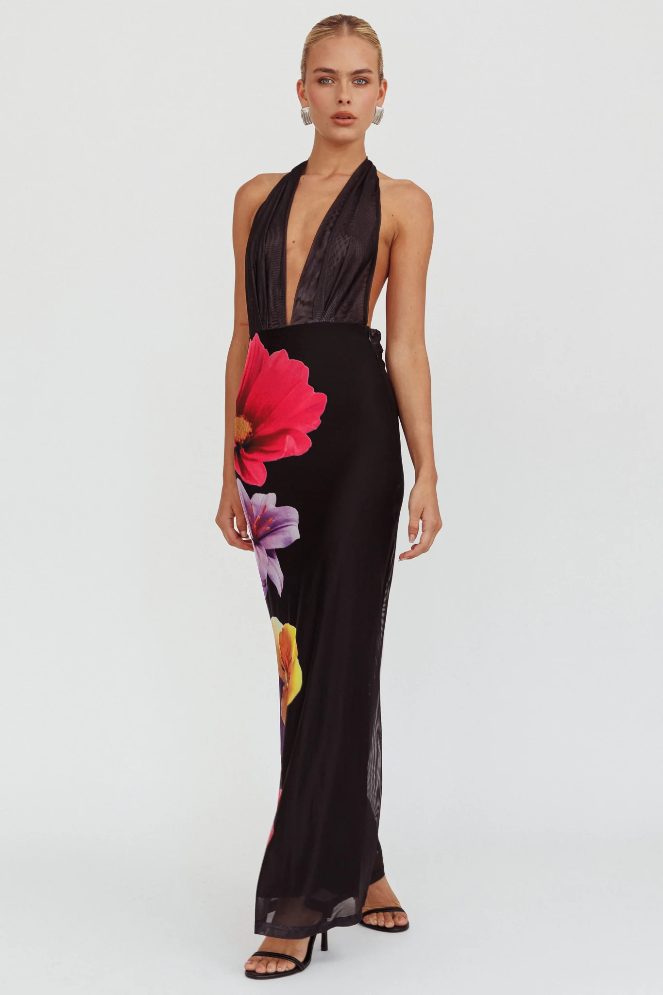Italia Azure Halterneck Maxi Dress Flowers Black