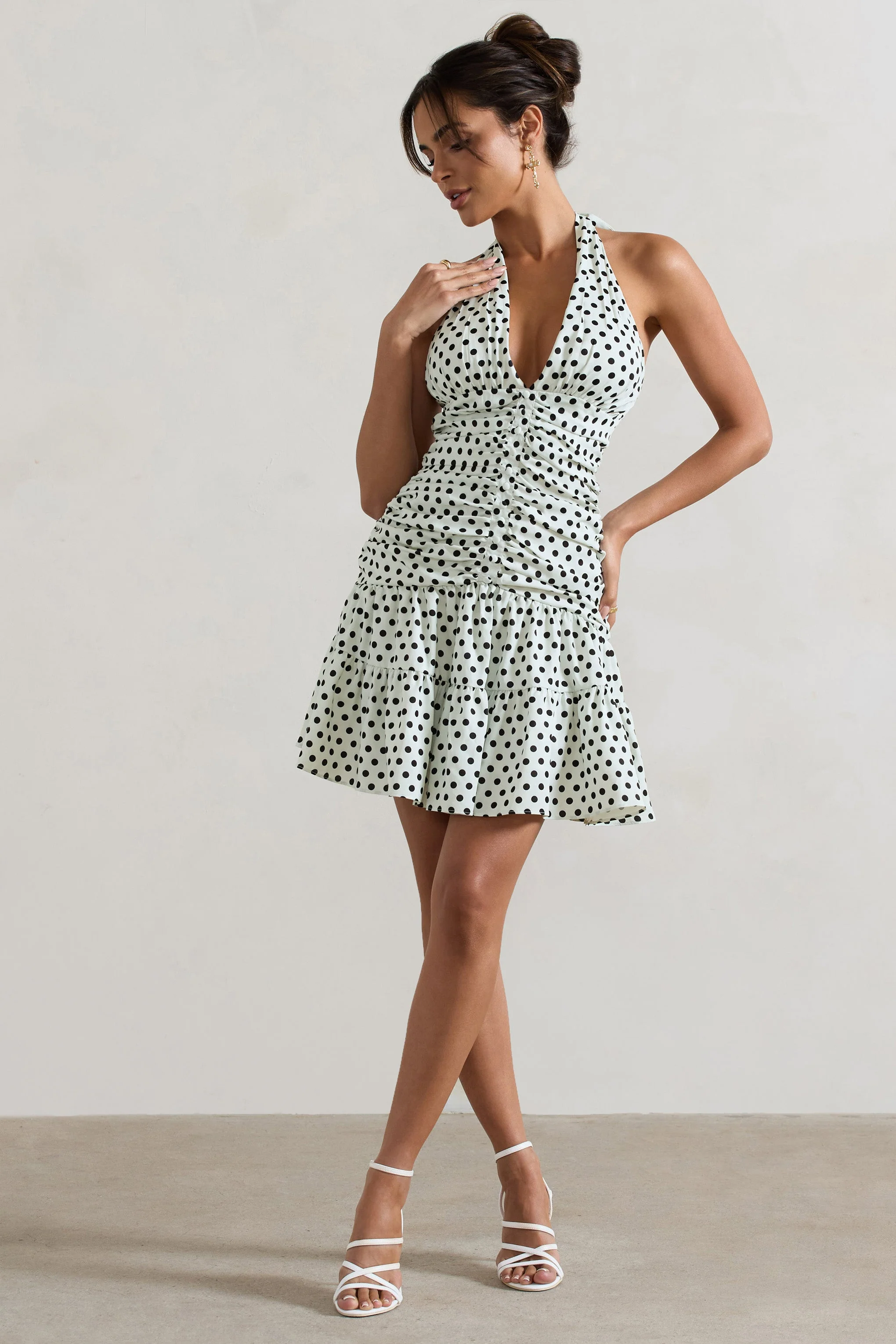 Verde | Polka Dot V-Neck Ruched Mini Dress With Flared Hem