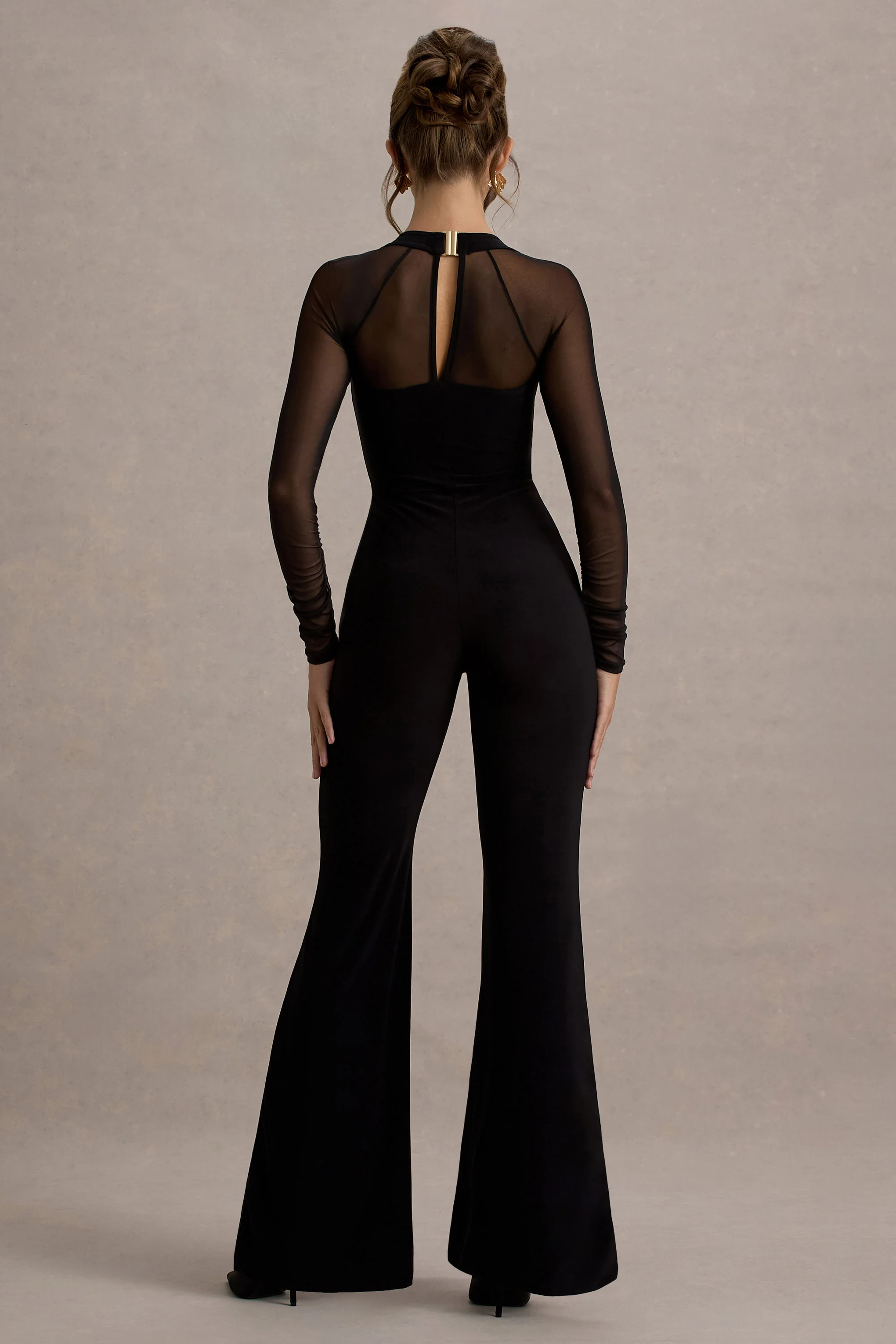 On Track | Black Flared-Leg Jumpsuit With Sheer Sleeves