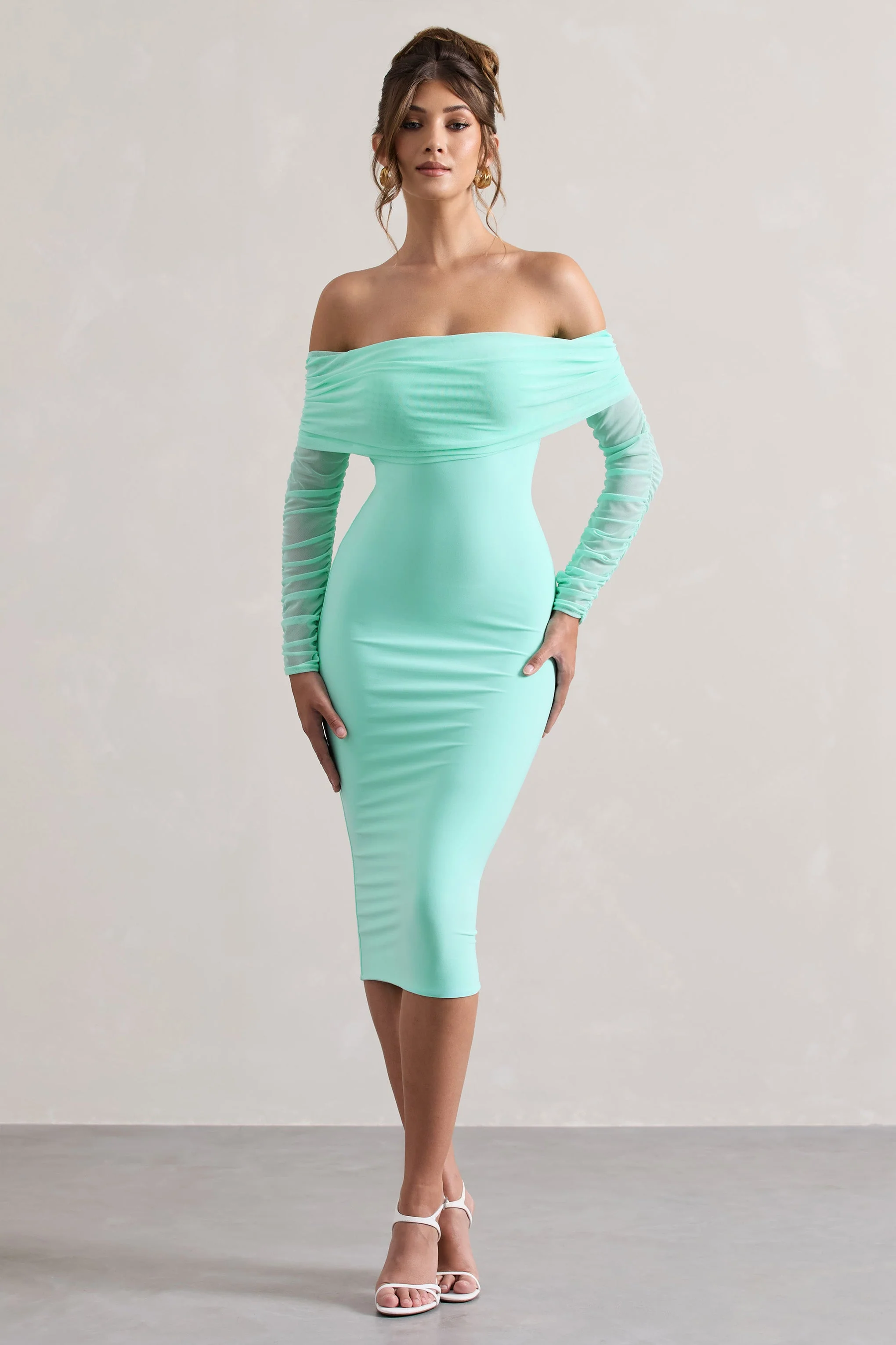 Only You | Mint Ruched Mesh Bardot Midi Dress