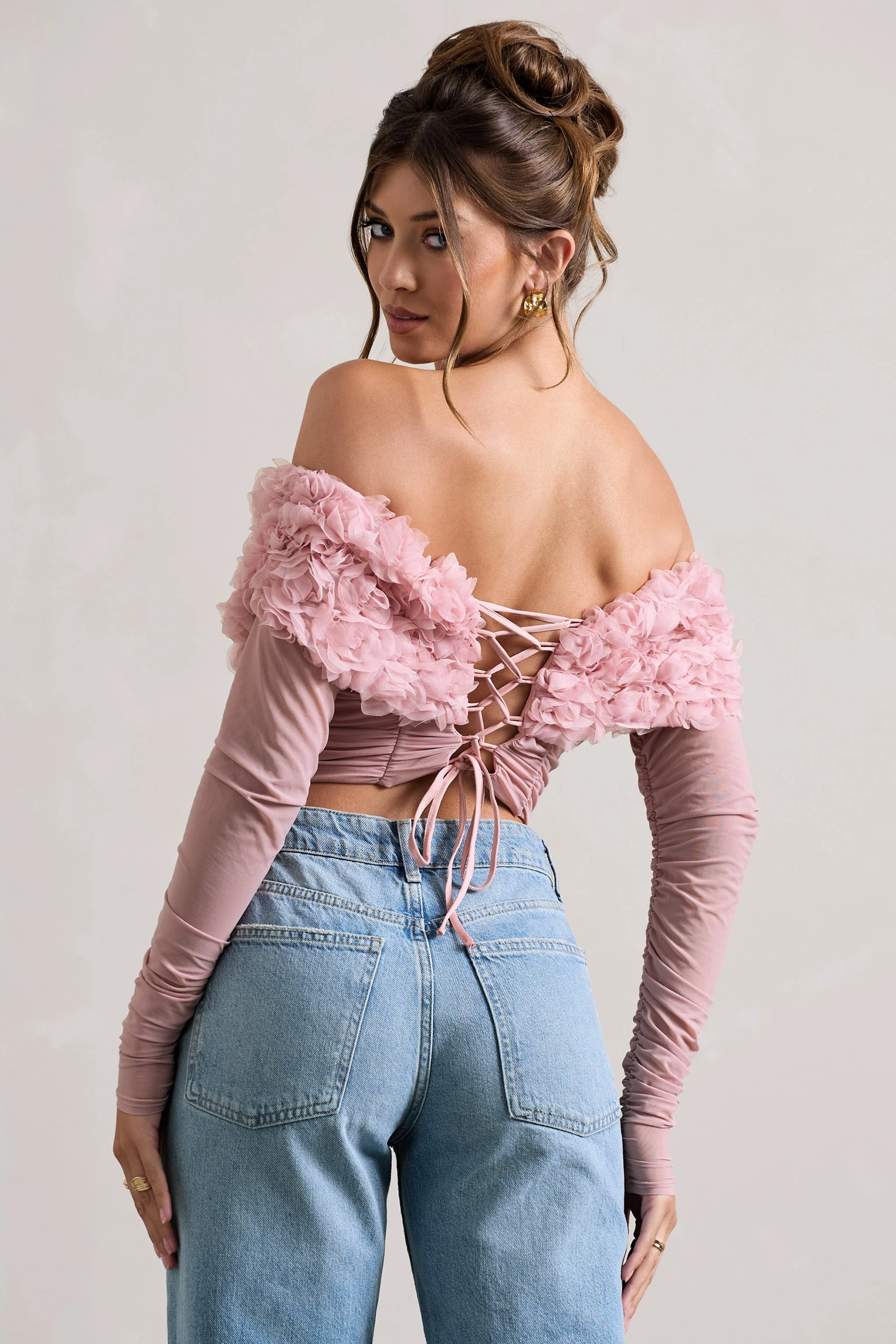 Libbie | Pink Mesh Floral Bardot Top