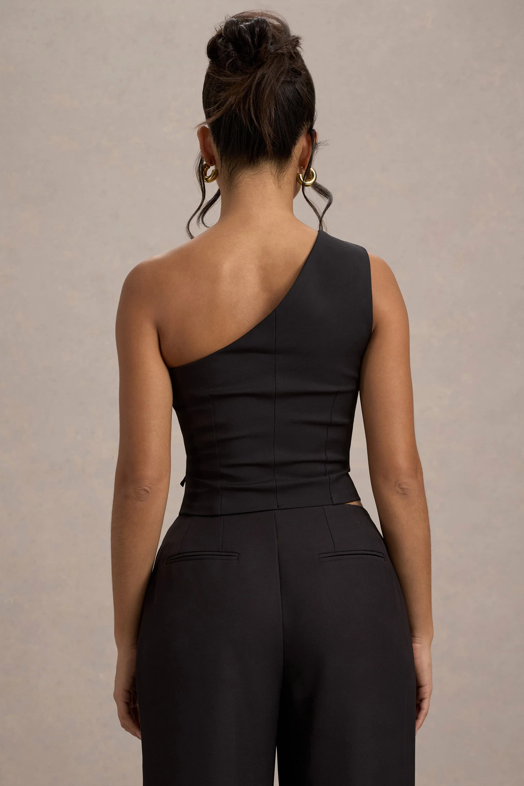 Lelia | Black One Shoulder Tailored Top With Bows