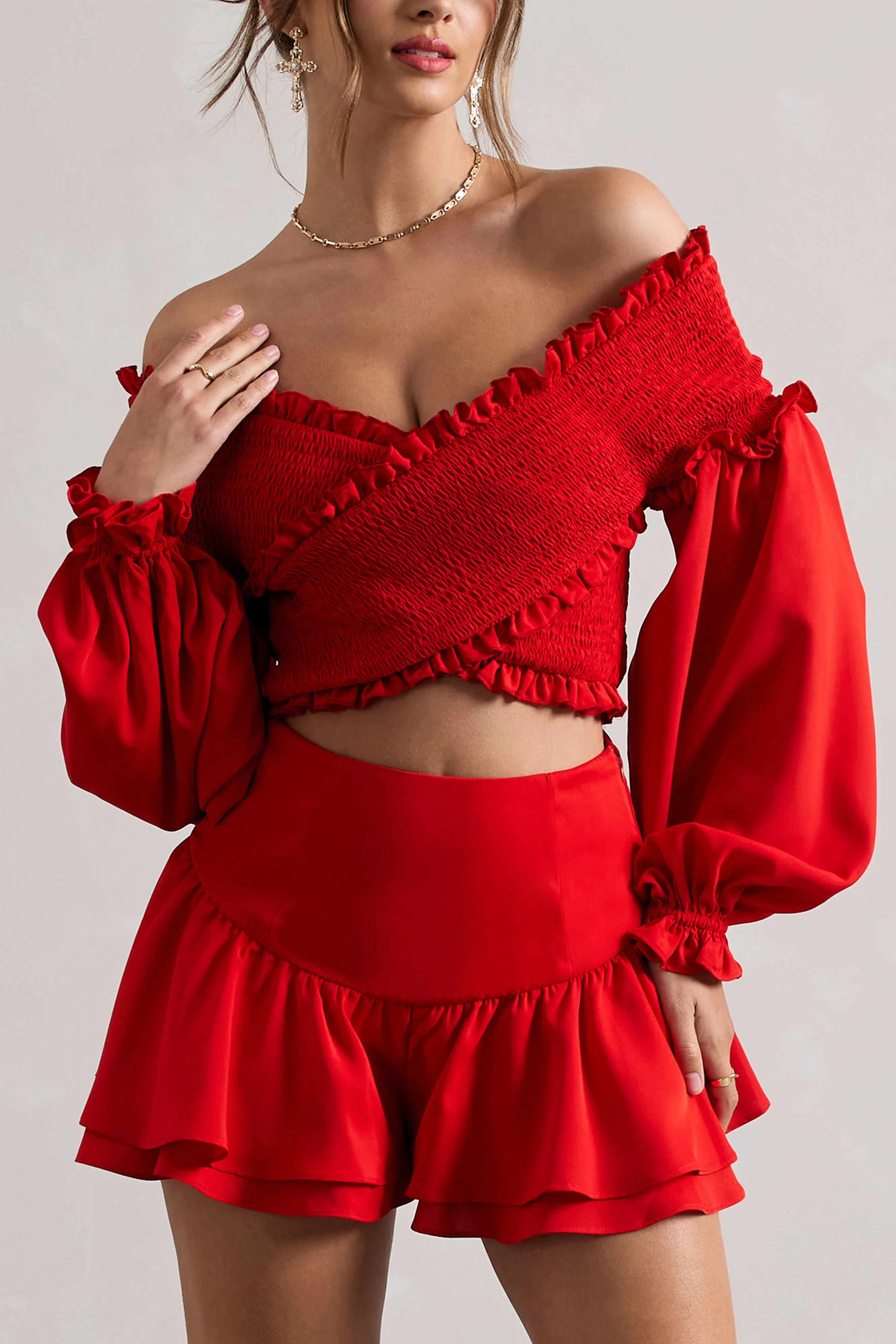 Salara | Red Ruched Bardot Top With Balloon Sleeves