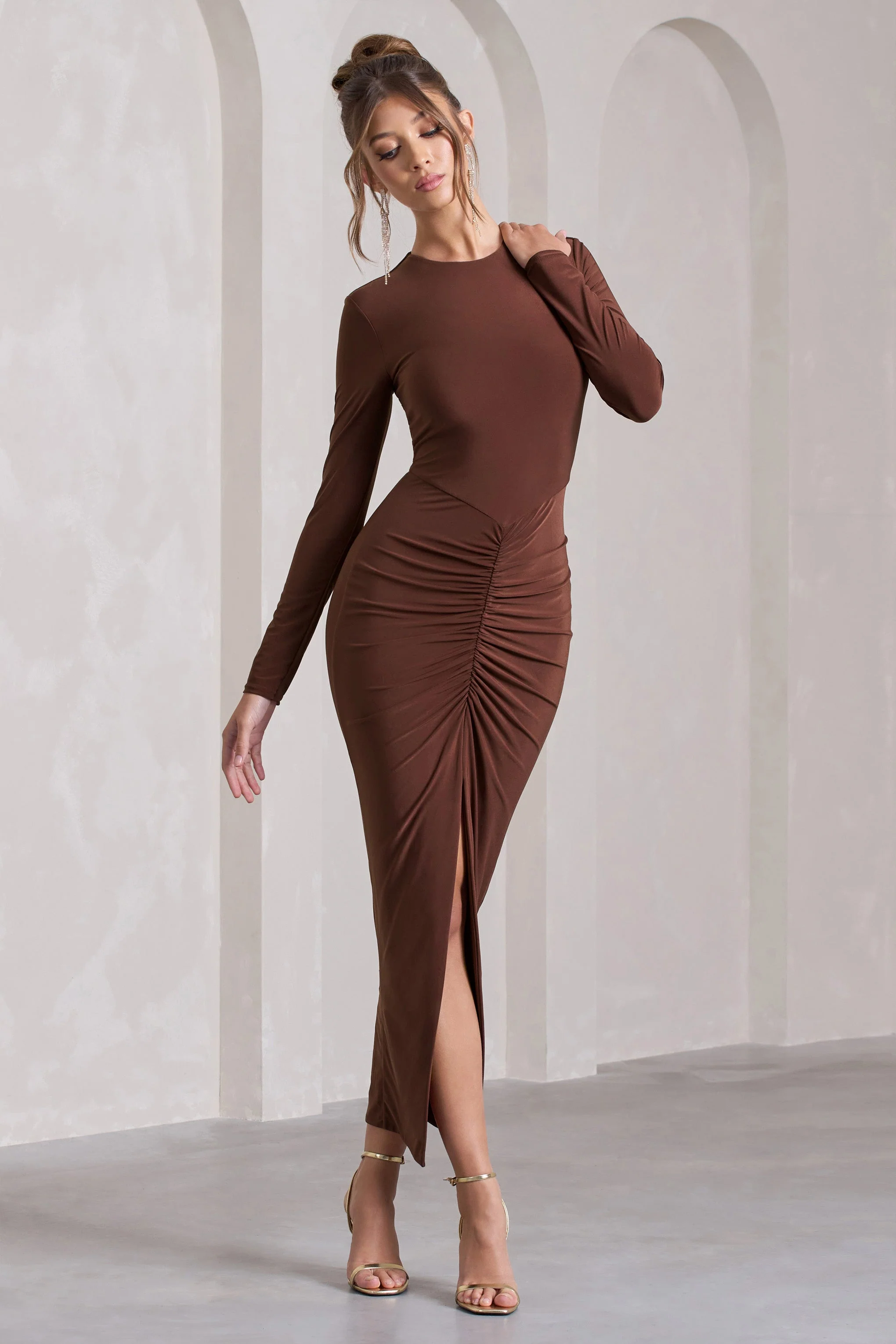 Katy | Chocolate Ruched Long-Sleeve Split Maxi Dress