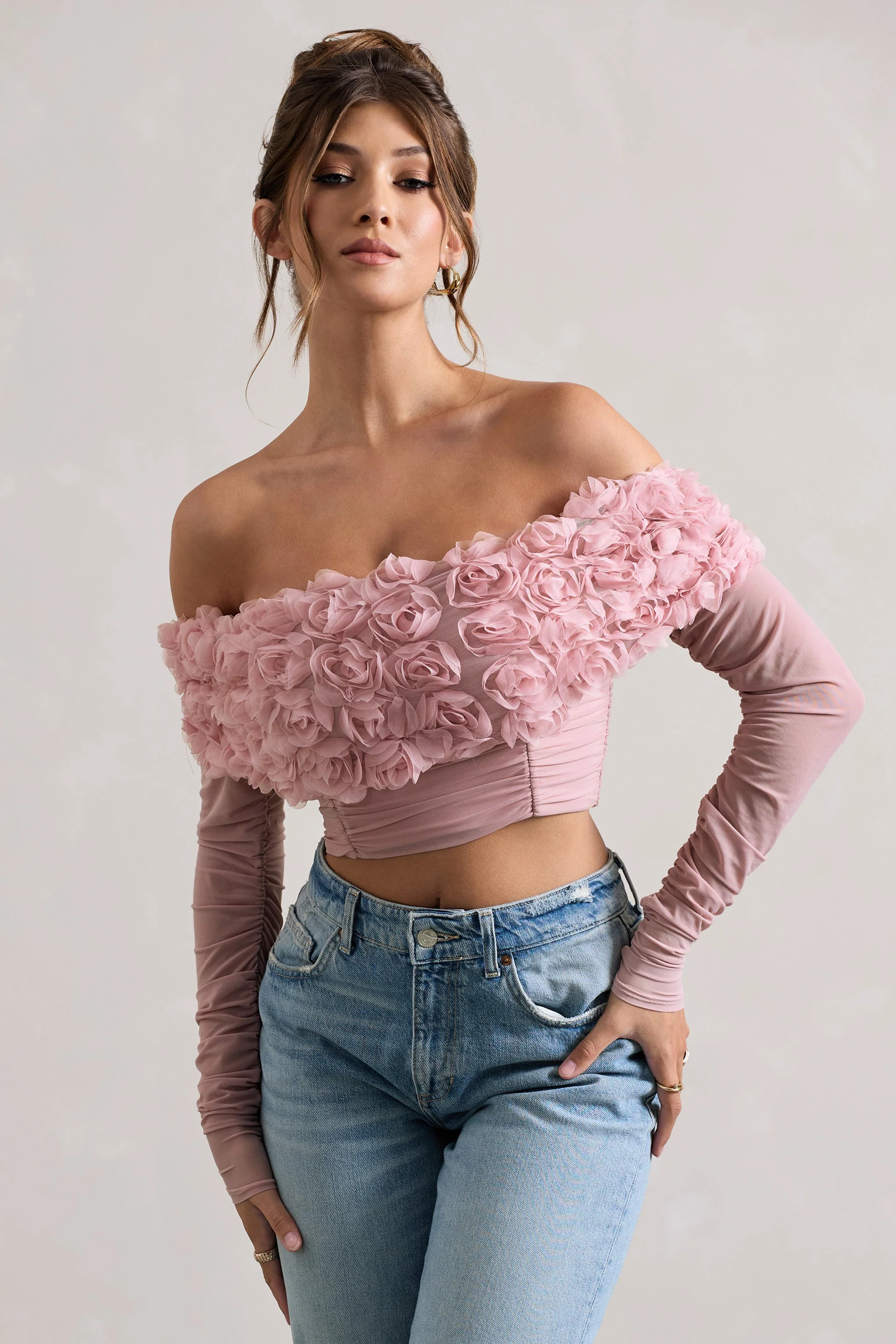 Libbie | Pink Mesh Floral Bardot Top