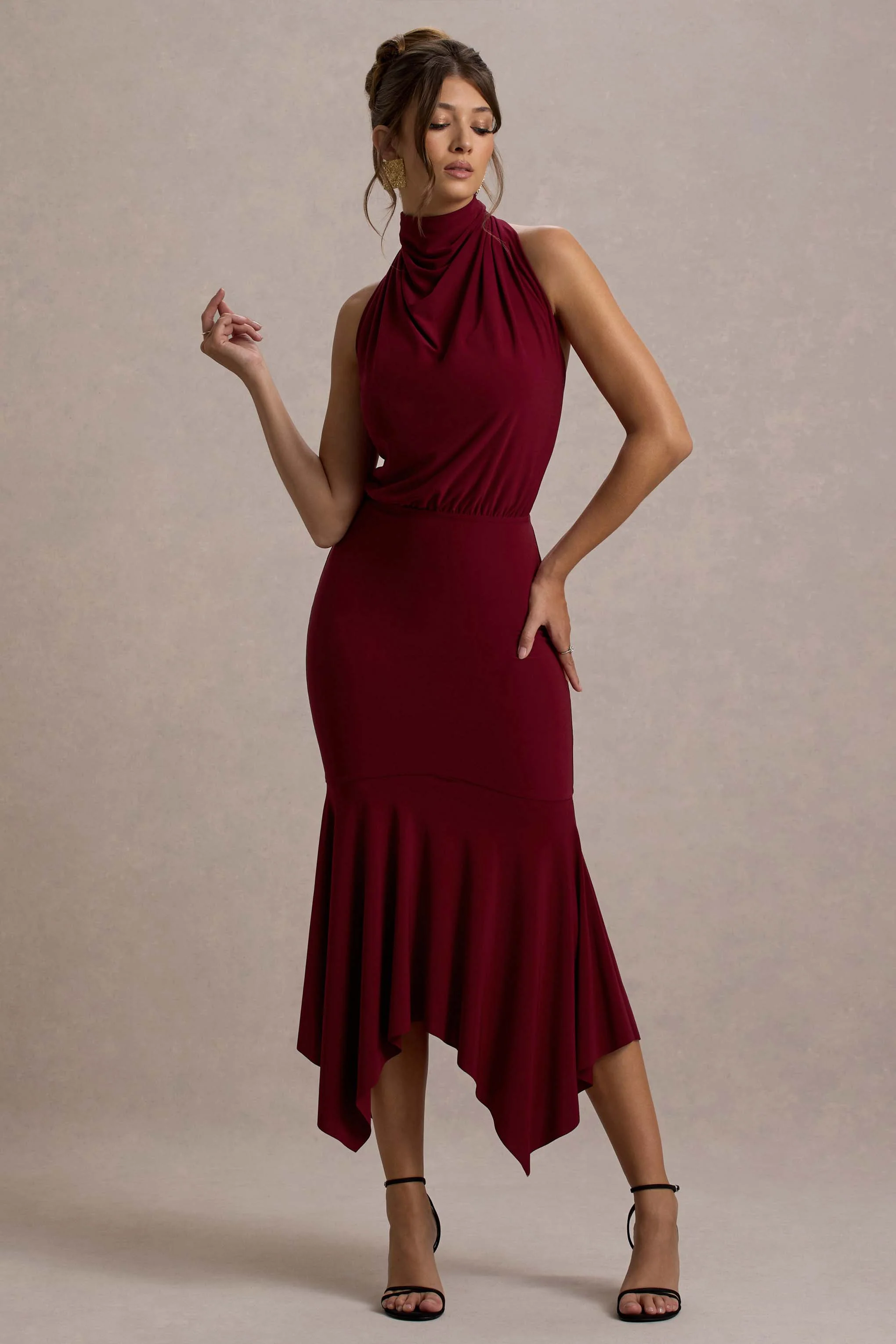 Prianyka | Berry High-Neck Draped Midi Dress