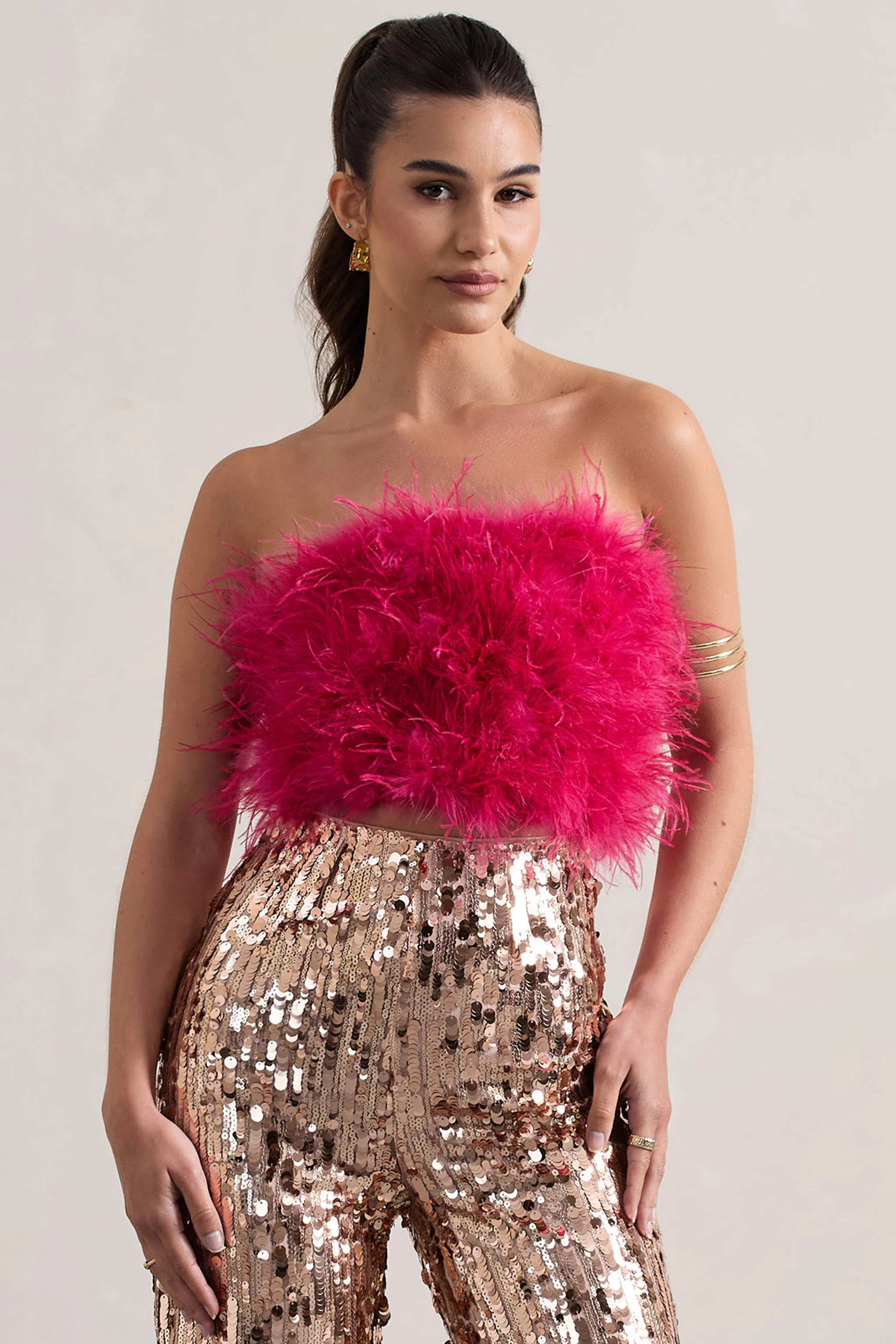 Dream Daze | Dark Pink Strapless Feather Crop Top