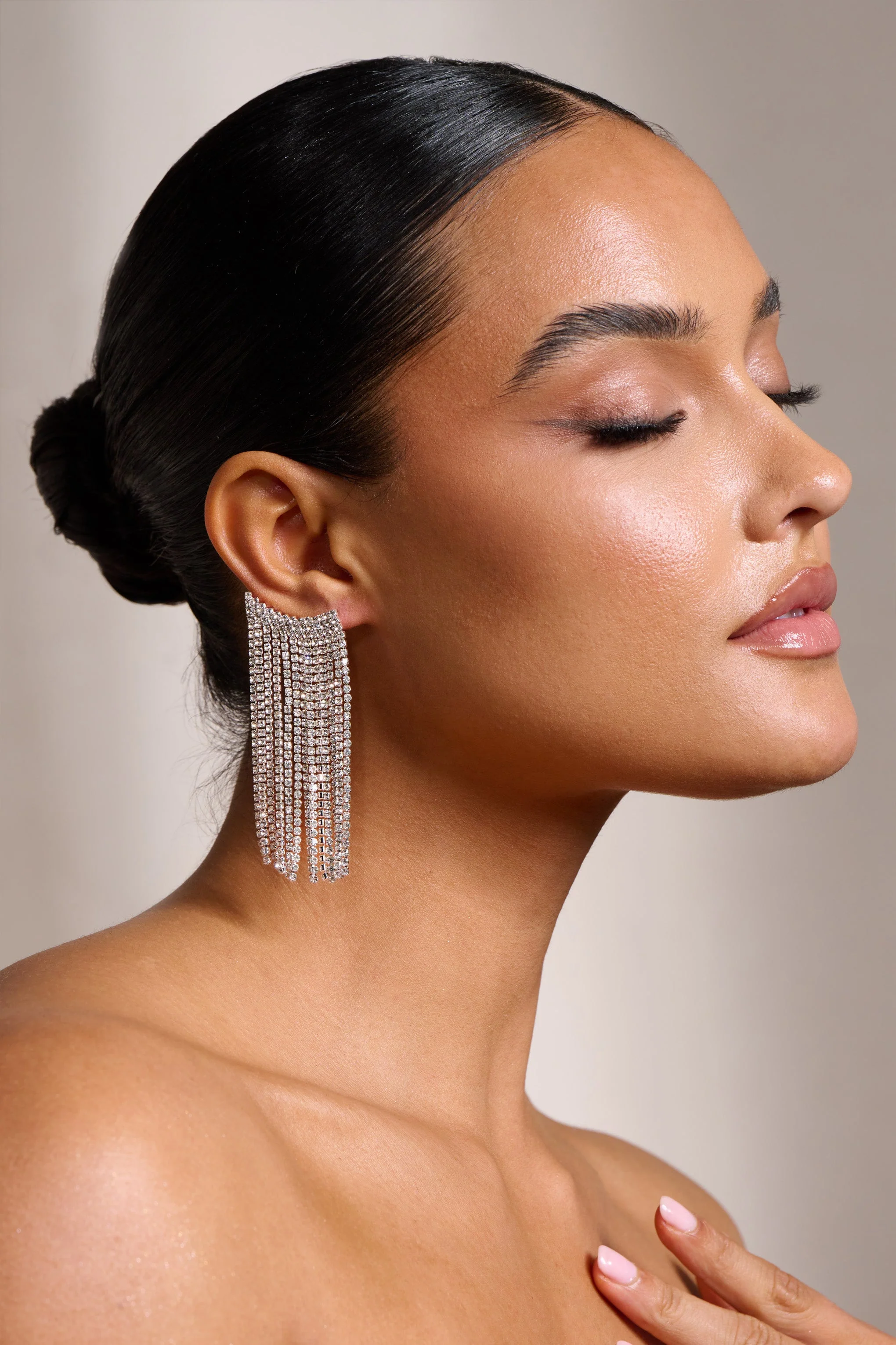 Petal | Silver Diamante Tassel Cuff Earrings